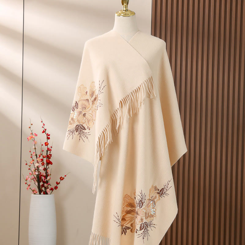 Châle en laine avec Buddha Stones et fleurs brodées à paillettes et pompons pour l'hiver - PeachPuff - 200 x 60 cm - image 6