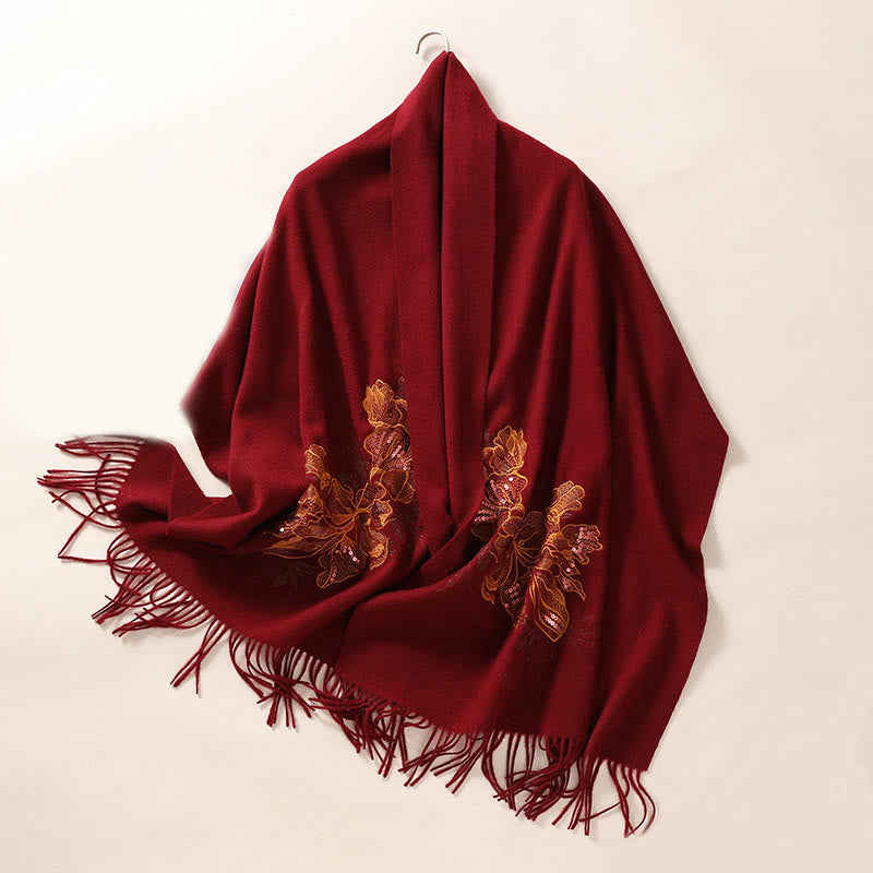 Châle en laine avec Buddha Stones et fleurs brodées à paillettes et pompons pour l'hiver - FireBrick - 200 x 60 cm - image 8