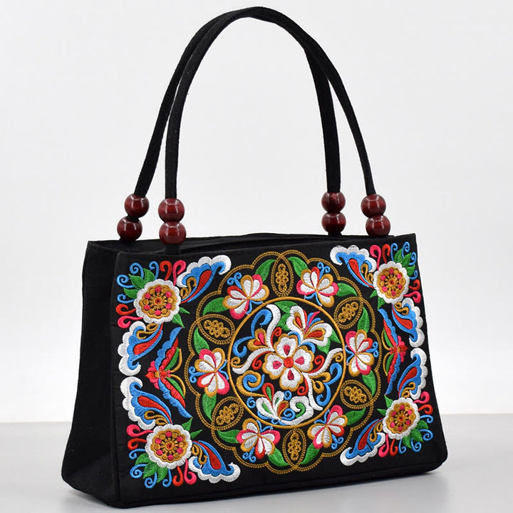 Sac à main en toile brodé recto verso Buddha Stones Galsang Inula Fleur Pivoine Paon