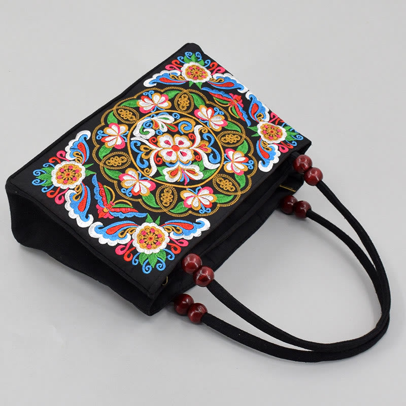 Sac à main en toile brodé recto verso Buddha Stones Galsang Inula Fleur Pivoine Paon