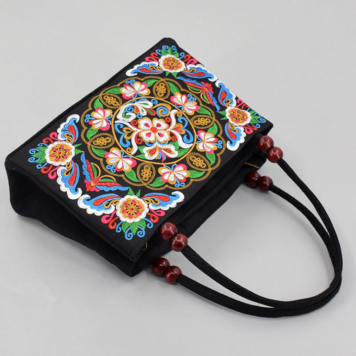Sac à main en toile brodé recto verso Buddha Stones Galsang Inula Fleur Pivoine Paon
