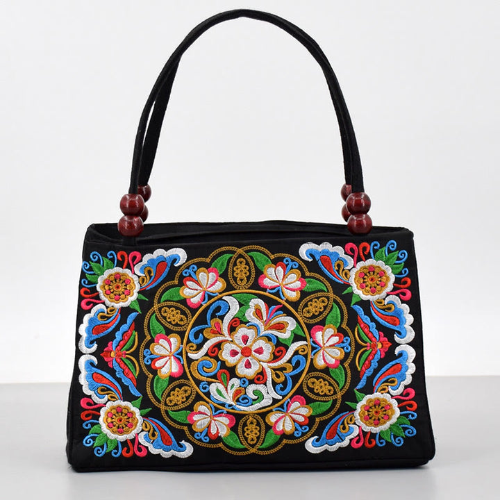Sac à main en toile brodé recto verso Buddha Stones Galsang Inula Fleur Pivoine Paon