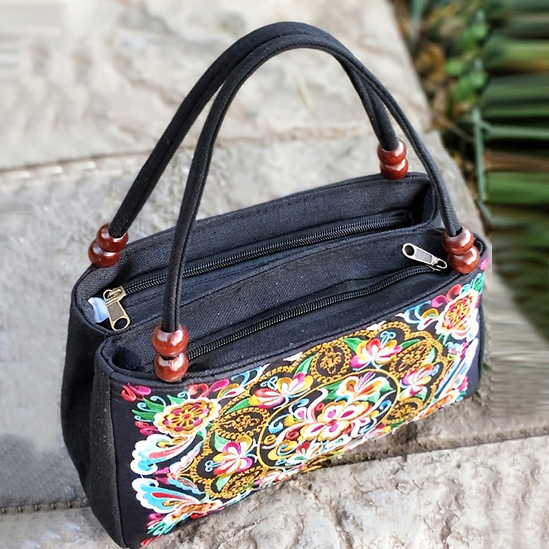 Sac à main en toile brodé recto verso Buddha Stones Galsang Inula Fleur Pivoine Paon