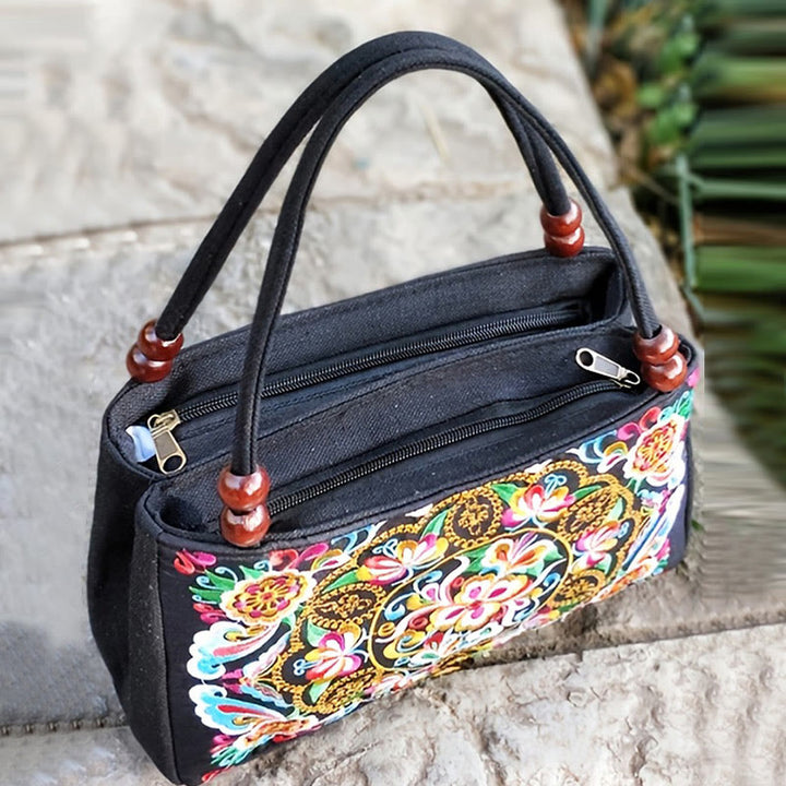 Sac à main en toile brodé recto verso Buddha Stones Galsang Inula Fleur Pivoine Paon