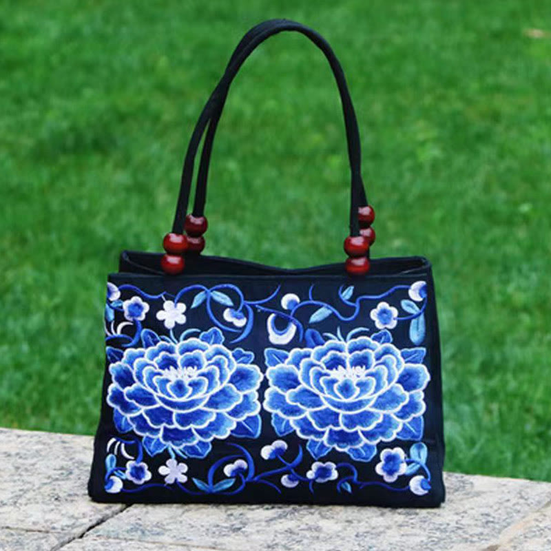 Sac à main en toile brodé recto verso Buddha Stones Galsang Inula Fleur Pivoine Paon