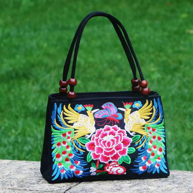 Sac à main en toile brodé recto verso Buddha Stones Galsang Inula Fleur Pivoine Paon