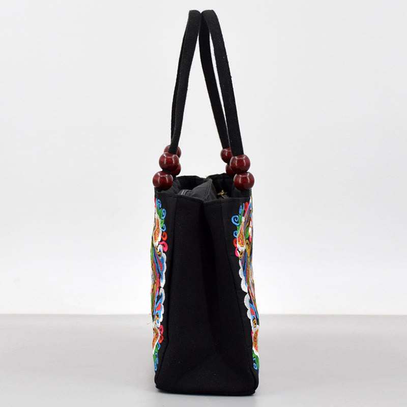 Sac à main en toile brodé recto verso Buddha Stones Galsang Inula Fleur Pivoine Paon