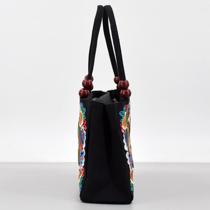 Sac à main en toile brodé recto verso Buddha Stones Galsang Inula Fleur Pivoine Paon