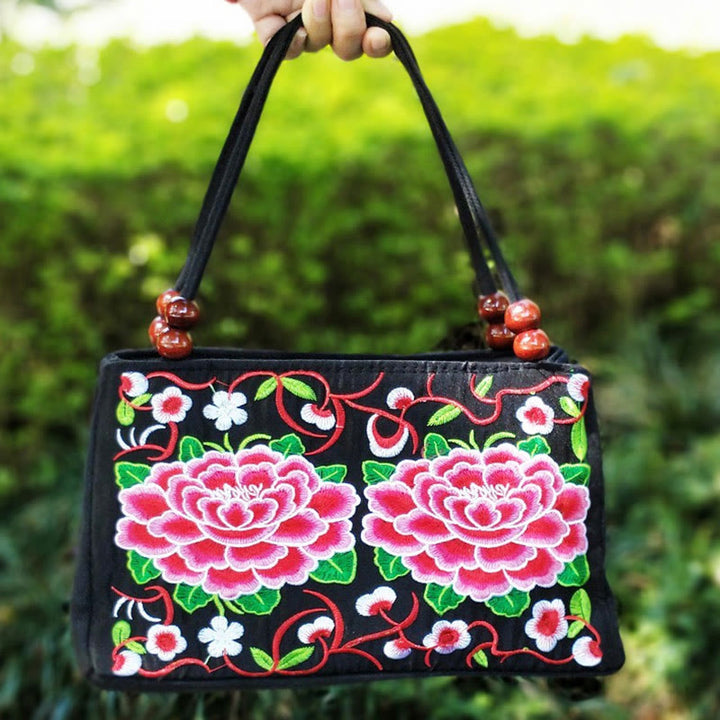Sac à main en toile brodé recto verso Buddha Stones Galsang Inula Fleur Pivoine Paon
