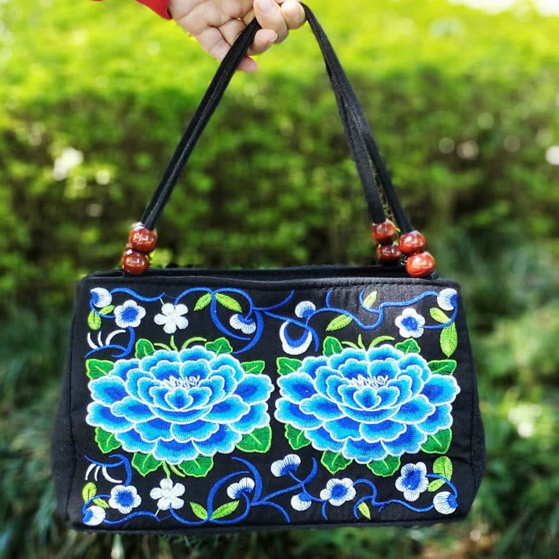 Sac à main en toile brodé recto verso Buddha Stones Galsang Inula Fleur Pivoine Paon