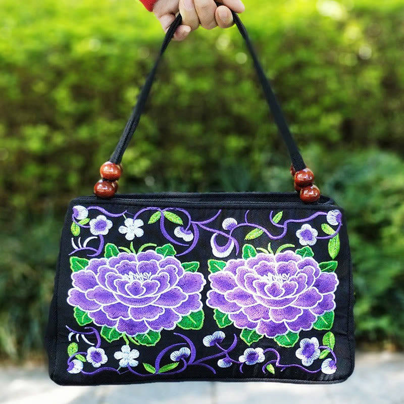 Sac à main en toile brodé recto verso Buddha Stones Galsang Inula Fleur Pivoine Paon