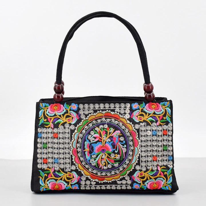 Sac à main en toile brodé recto verso Buddha Stones Galsang Inula Fleur Pivoine Paon