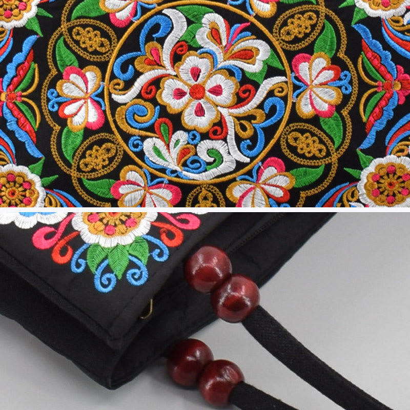 Sac à main en toile brodé recto verso Buddha Stones Galsang Inula Fleur Pivoine Paon