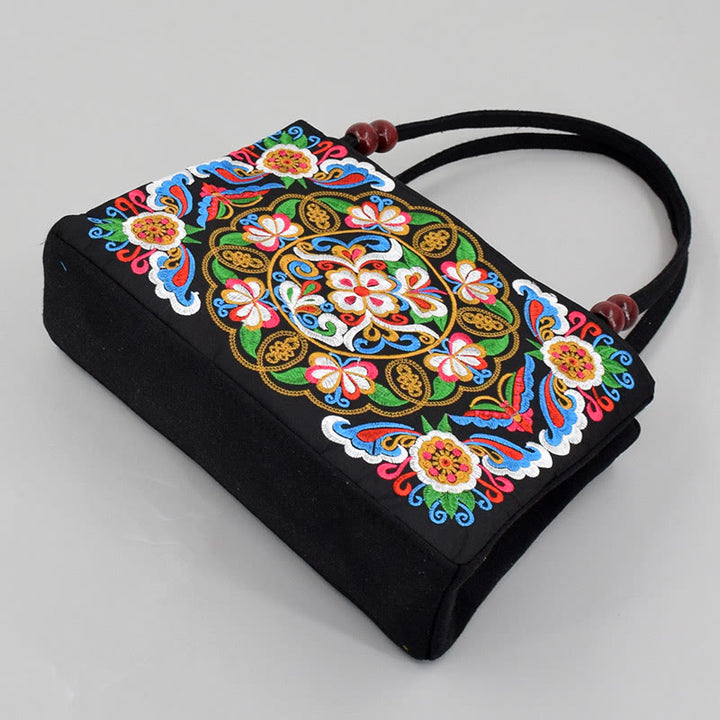 Sac à main en toile brodé recto verso Buddha Stones Galsang Inula Fleur Pivoine Paon