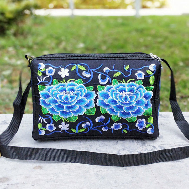 Sac à main en toile brodé recto verso Buddha Stones Galsang Inula Fleur Pivoine Paon