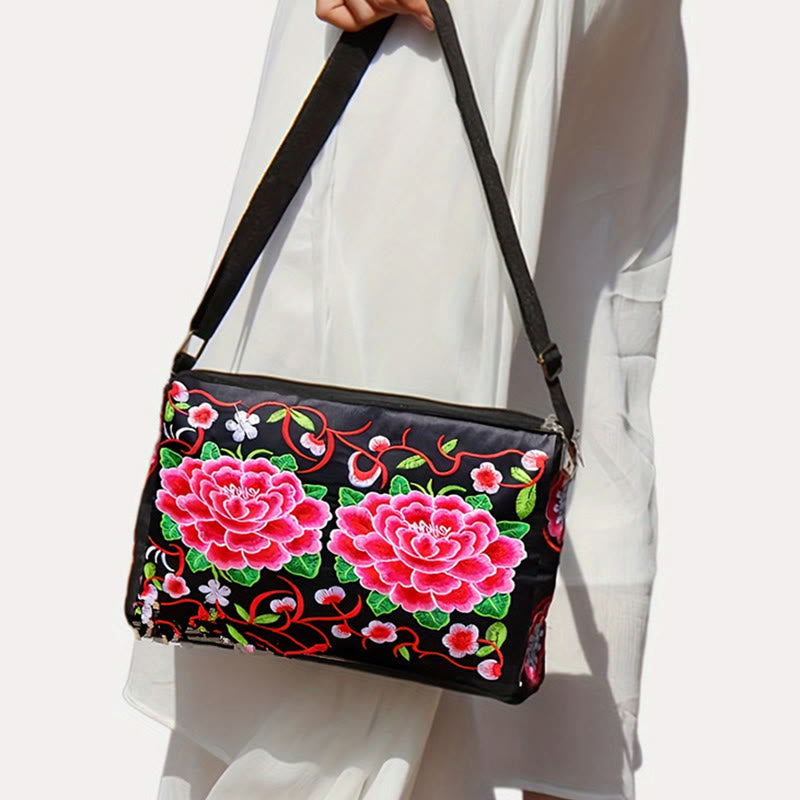Sac à main en toile brodé recto verso Buddha Stones Galsang Inula Fleur Pivoine Paon