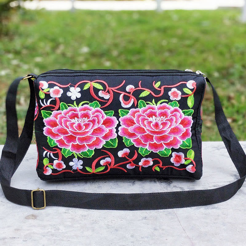 Sac à main en toile brodé recto verso Buddha Stones Galsang Inula Fleur Pivoine Paon