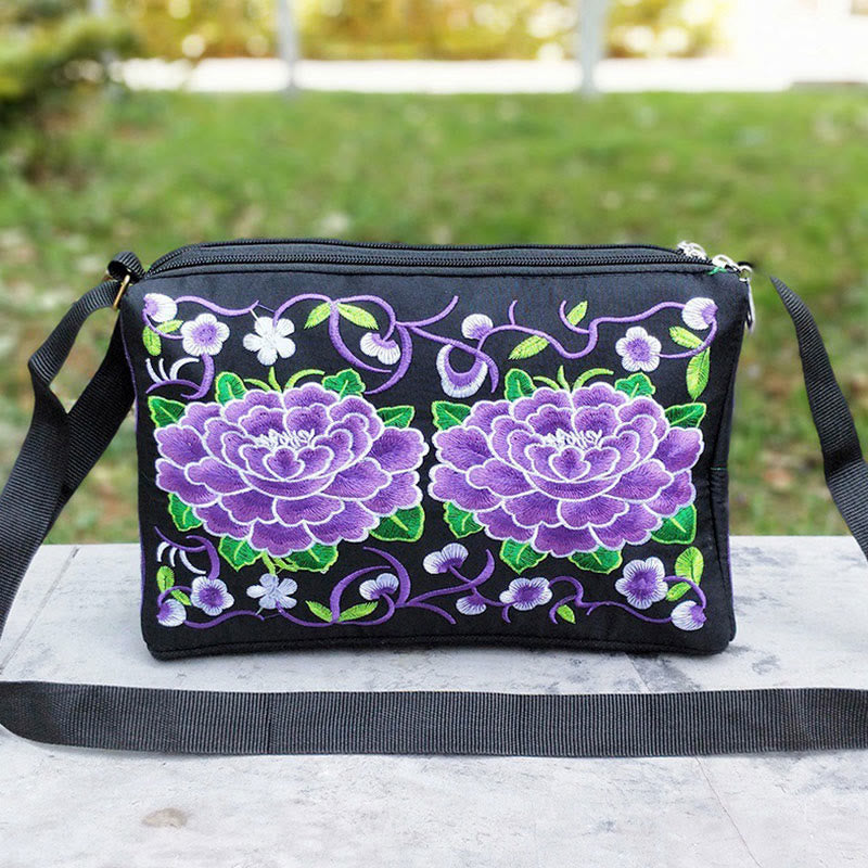 Sac à main en toile brodé recto verso Buddha Stones Galsang Inula Fleur Pivoine Paon