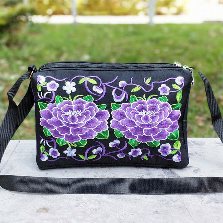 Sac à main en toile brodé recto verso Buddha Stones Galsang Inula Fleur Pivoine Paon