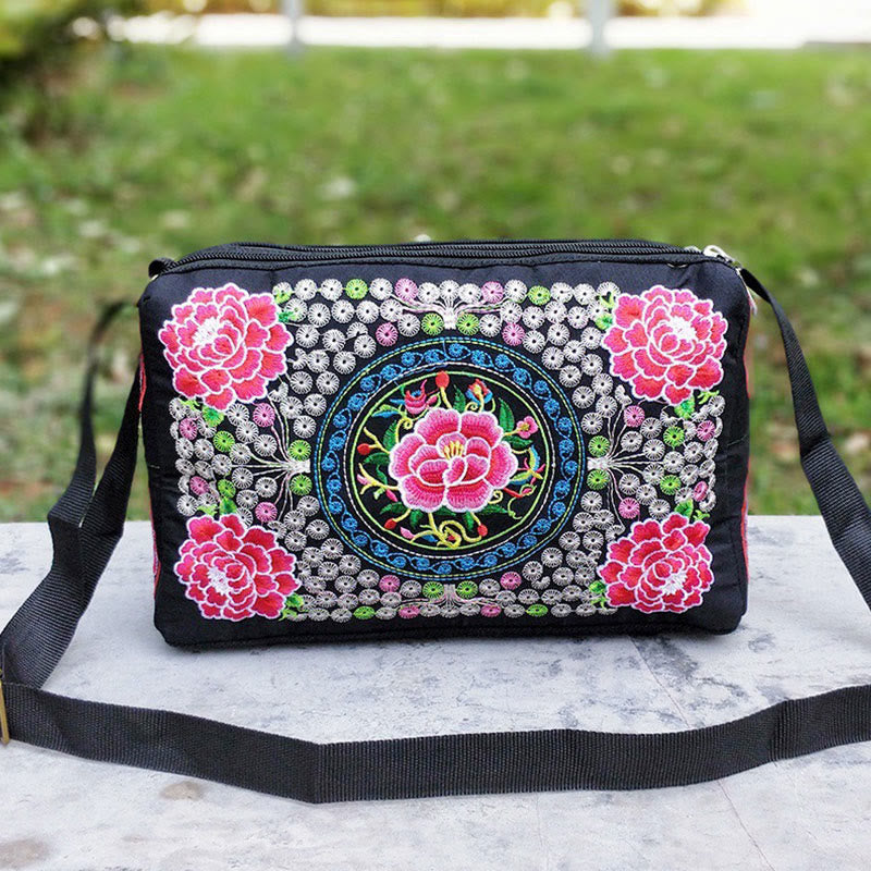 Sac à main en toile brodé recto verso Buddha Stones Galsang Inula Fleur Pivoine Paon