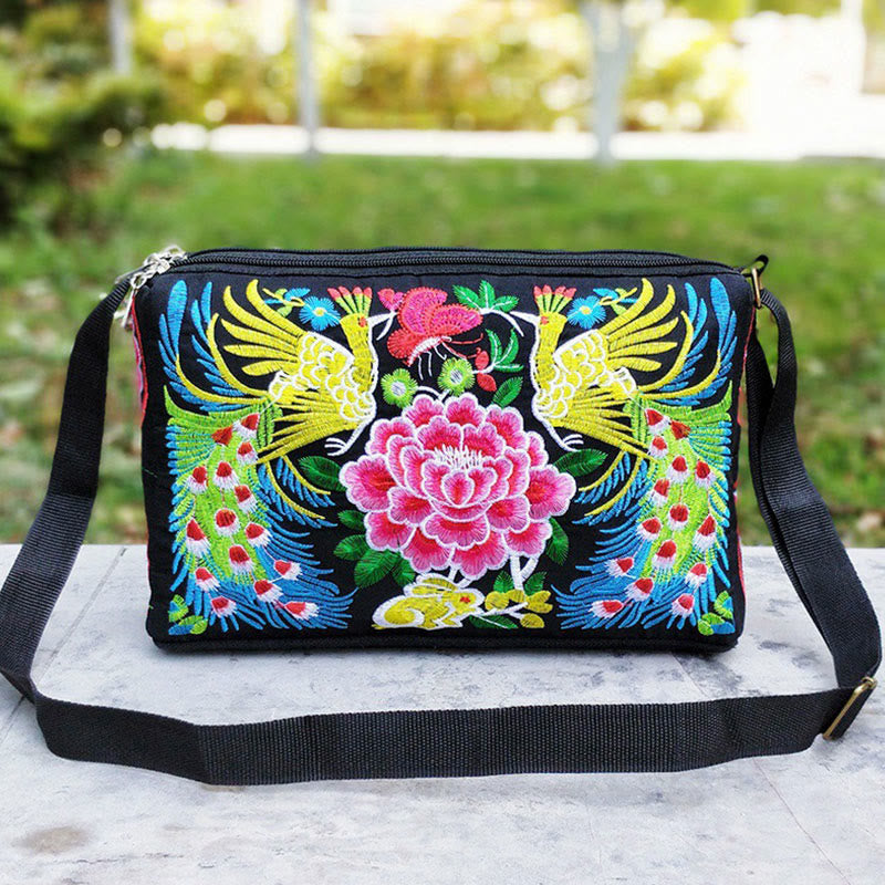 Sac à main en toile brodé recto verso Buddha Stones Galsang Inula Fleur Pivoine Paon