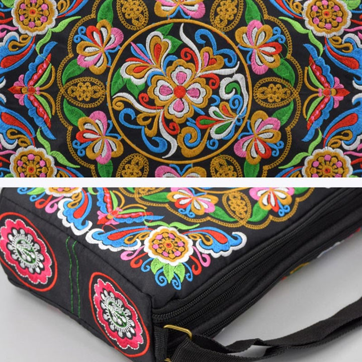 Sac à main en toile brodé recto verso Buddha Stones Galsang Inula Fleur Pivoine Paon