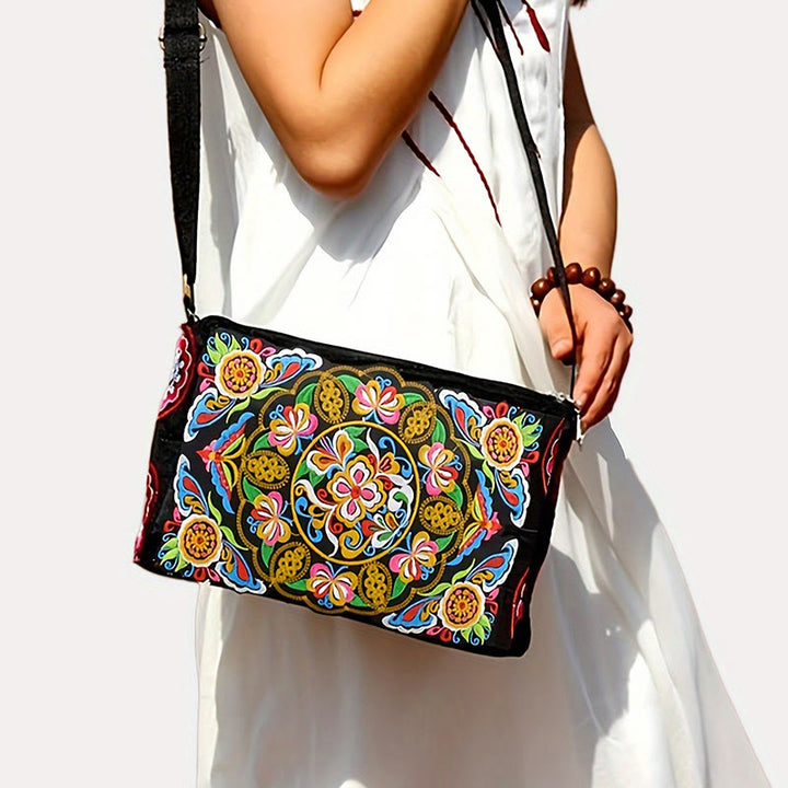 Sac à main en toile brodé recto verso Buddha Stones Galsang Inula Fleur Pivoine Paon