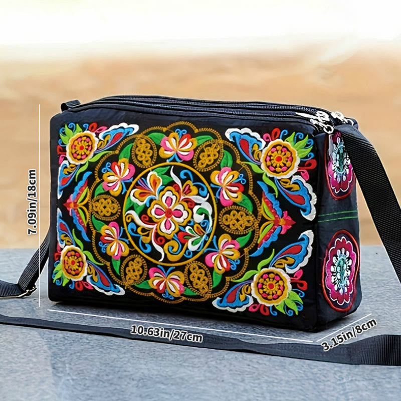 Sac à main en toile brodé recto verso Buddha Stones Galsang Inula Fleur Pivoine Paon