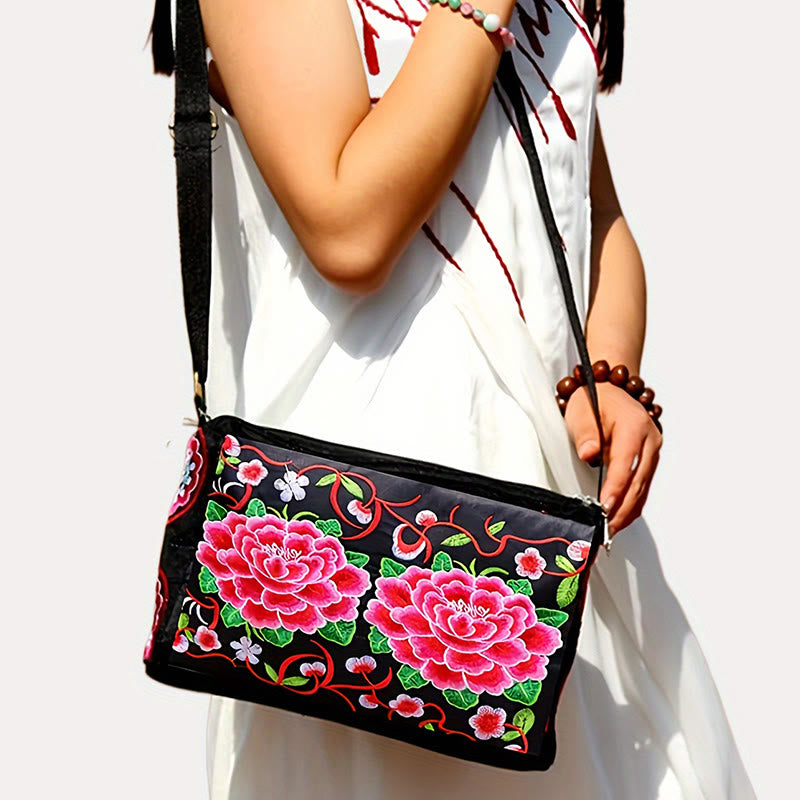Sac à main en toile brodé recto verso Buddha Stones Galsang Inula Fleur Pivoine Paon