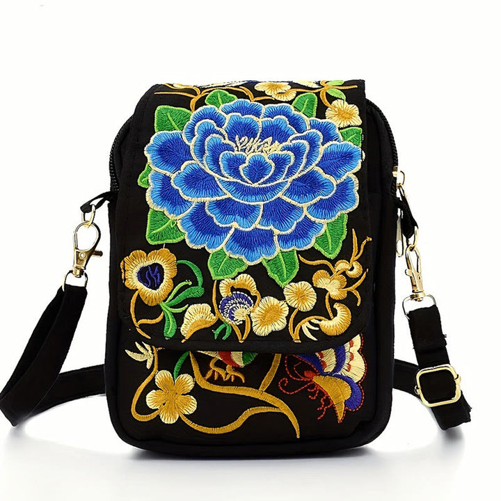 Sac à main en toile avec broderie de fleurs d'inula et de pivoine de Buddha Stones