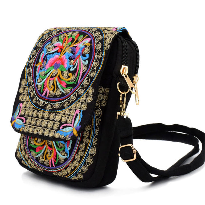 Sac à main en toile avec broderie de fleurs d'inula et de pivoine de Buddha Stones