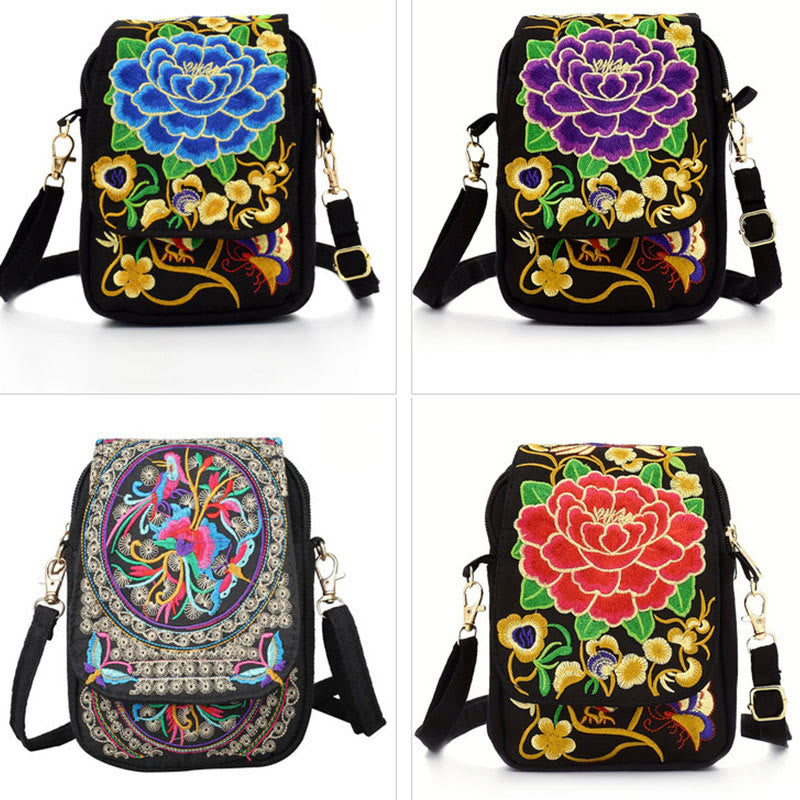 Sac à main en toile avec broderie de fleurs d'inula et de pivoine de Buddha Stones