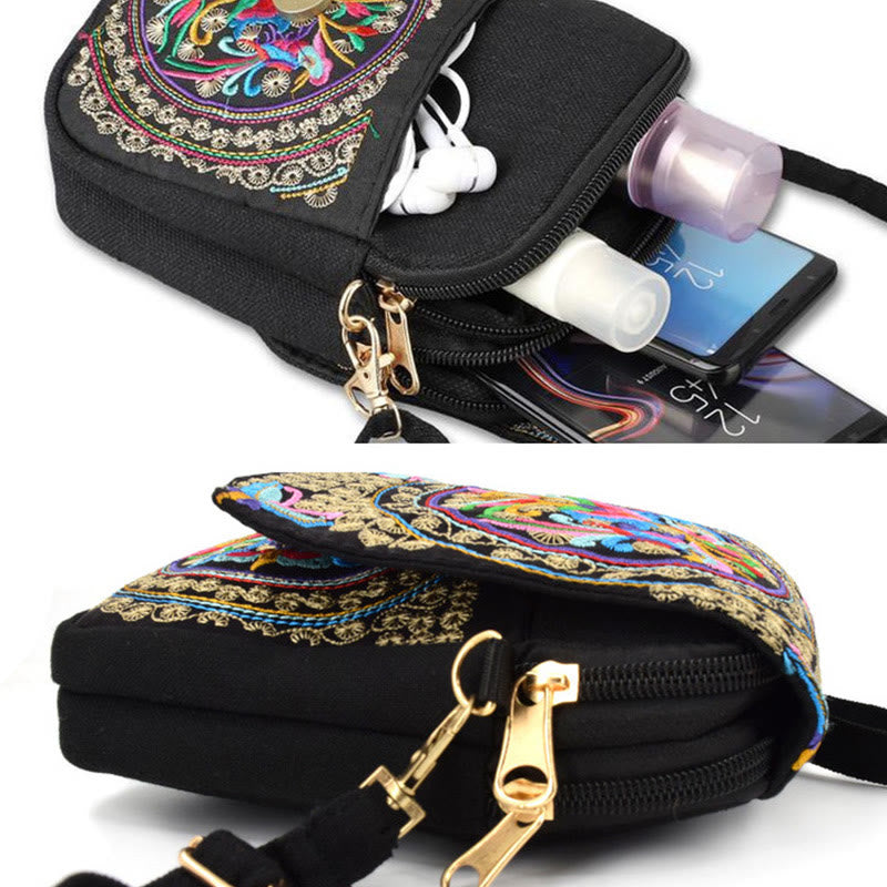 Sac à main en toile avec broderie de fleurs d'inula et de pivoine de Buddha Stones