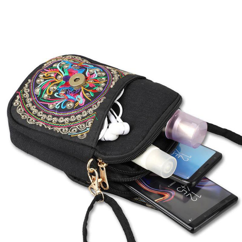 Sac à main en toile avec broderie de fleurs d'inula et de pivoine de Buddha Stones