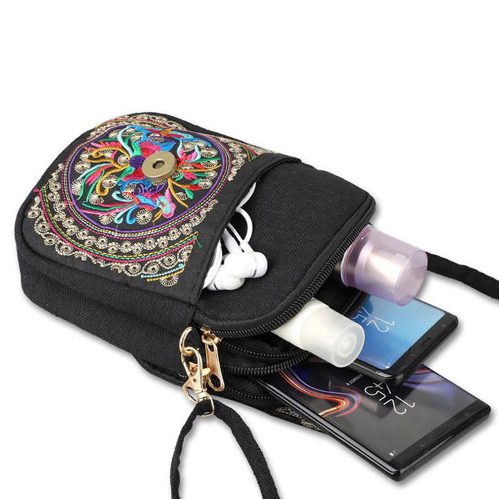 Sac à main en toile avec broderie de fleurs d'inula et de pivoine de Buddha Stones