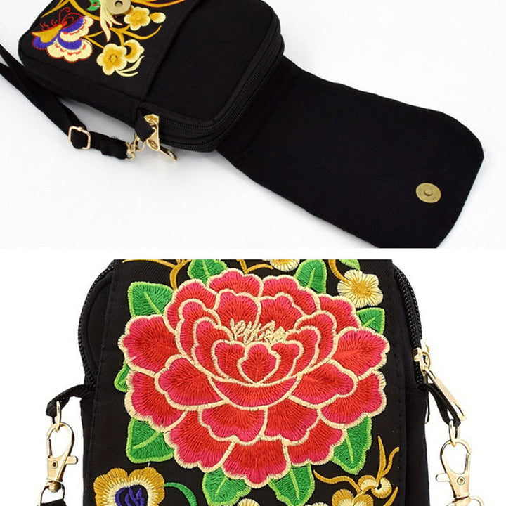 Sac à main en toile avec broderie de fleurs d'inula et de pivoine de Buddha Stones