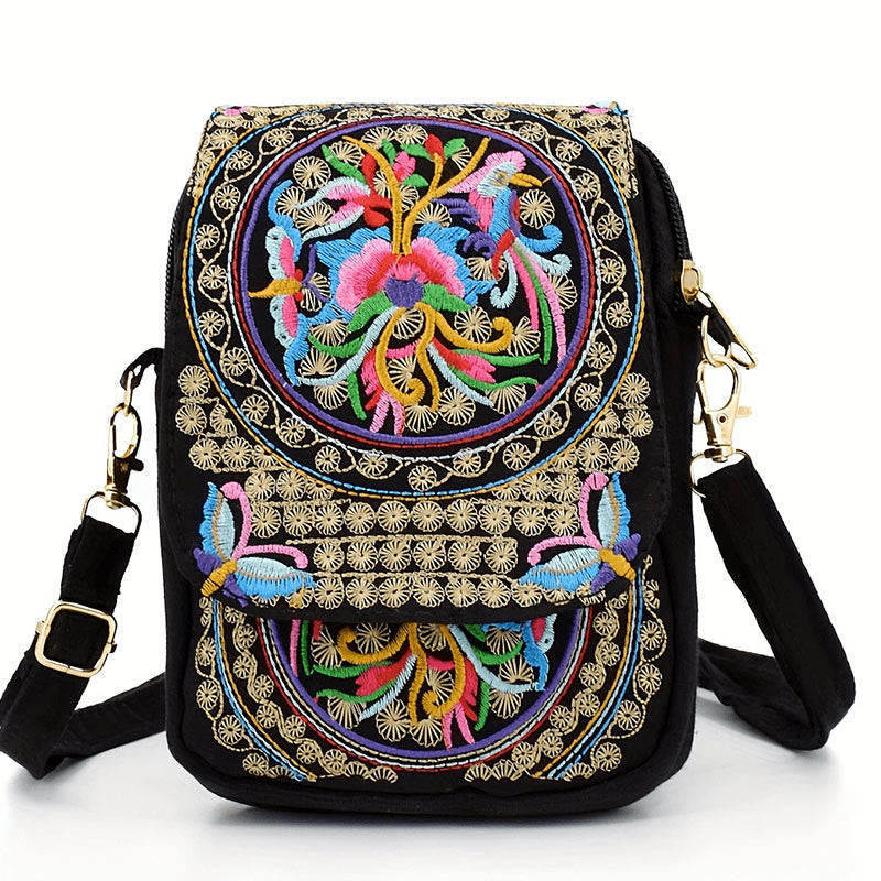 Sac à main en toile avec broderie de fleurs d'inula et de pivoine de Buddha Stones