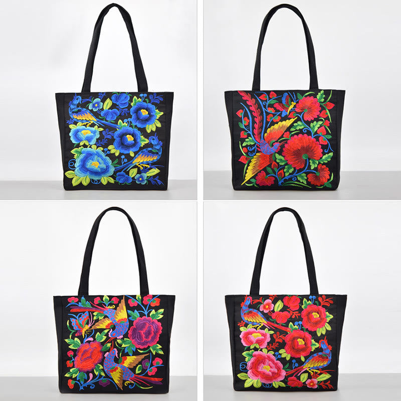 Sac à main en toile brodée Buddha Stones Galsang Magpie Pivoine Camélia Chrysanthème