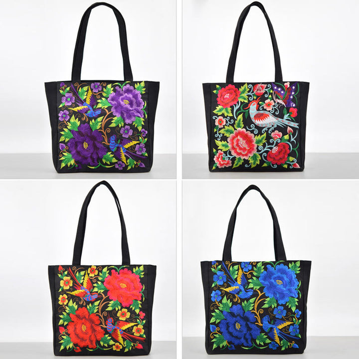 Sac à main en toile brodée Buddha Stones Galsang Magpie Pivoine Camélia Chrysanthème