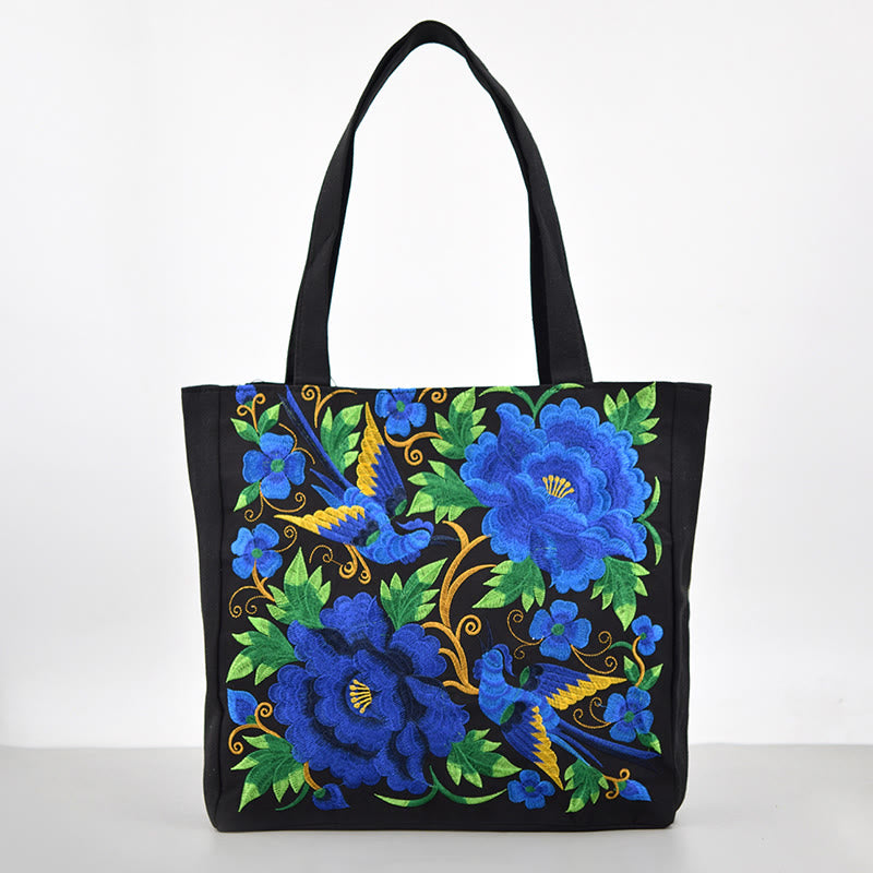 Sac à main en toile brodée Buddha Stones Galsang Magpie Pivoine Camélia Chrysanthème