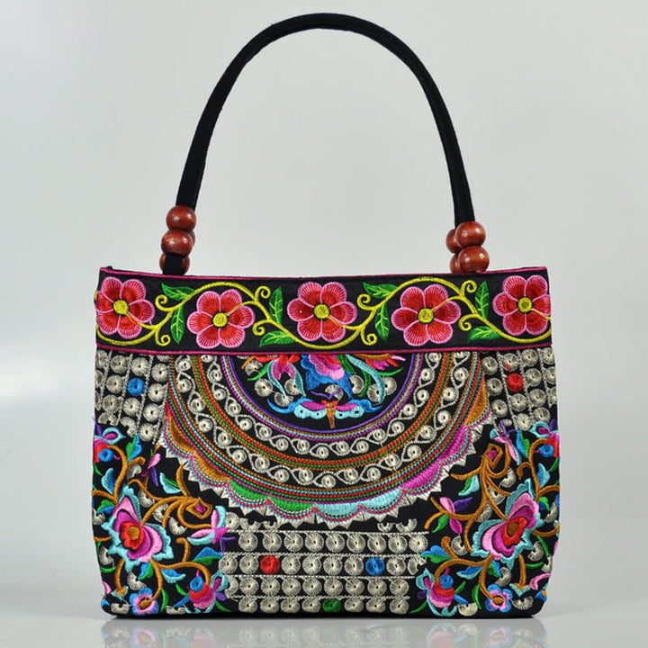 Sac à main en toile de coton avec broderie recto verso , Buddha Stones, arbre à argent, pivoine, phénix, fleur de pommier