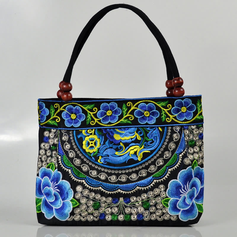 Sac à main en toile de coton avec broderie recto verso , Buddha Stones, arbre à argent, pivoine, phénix, fleur de pommier