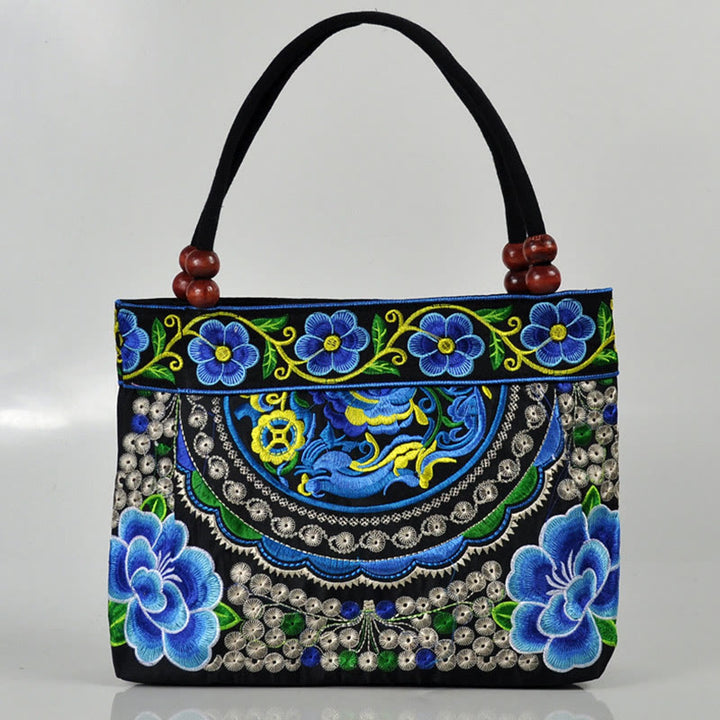 Sac à main en toile de coton avec broderie recto verso , Buddha Stones, arbre à argent, pivoine, phénix, fleur de pommier