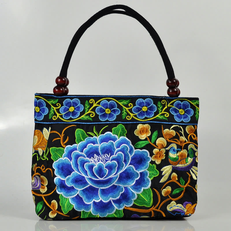Sac à main en toile de coton avec broderie recto verso , Buddha Stones, arbre à argent, pivoine, phénix, fleur de pommier