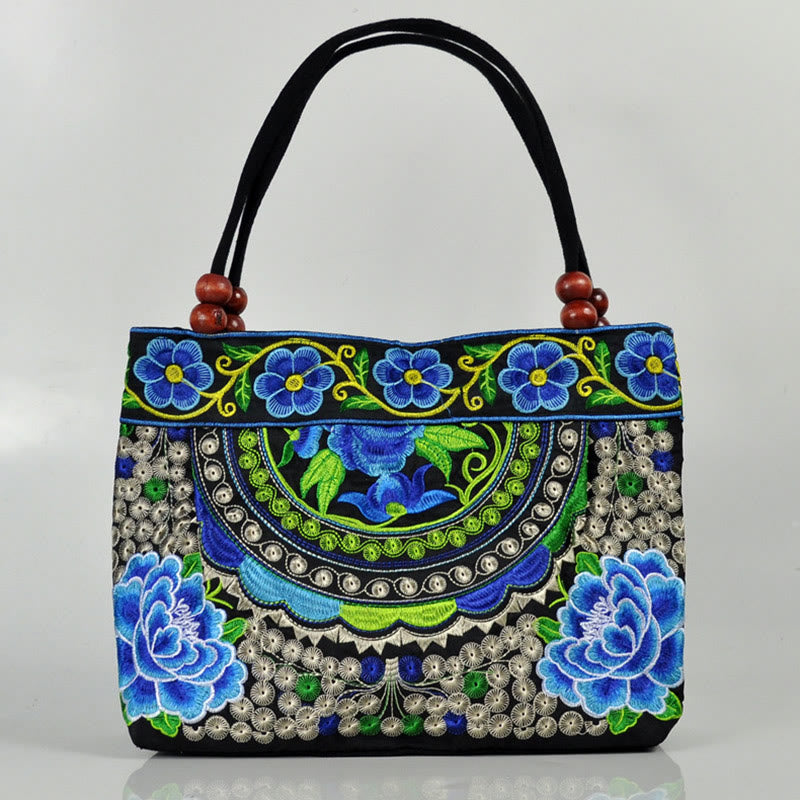 Sac à main en toile de coton avec broderie recto verso , Buddha Stones, arbre à argent, pivoine, phénix, fleur de pommier