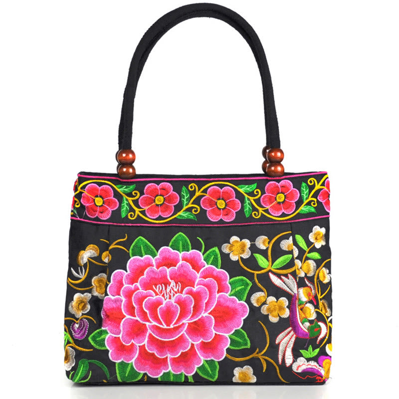 Sac à main en toile de coton avec broderie recto verso , Buddha Stones, arbre à argent, pivoine, phénix, fleur de pommier