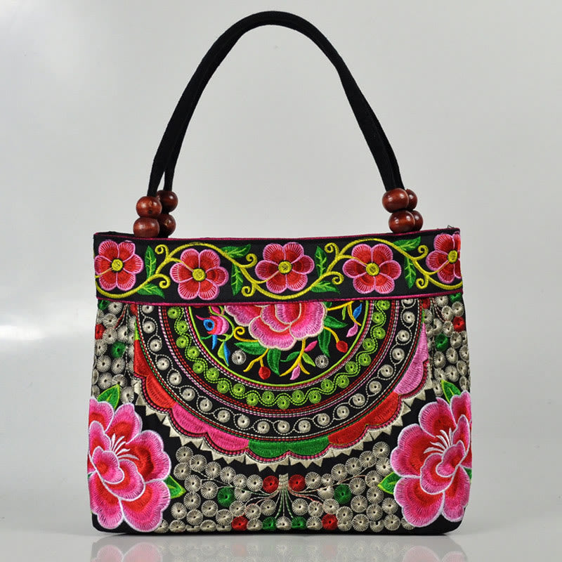 Sac à main en toile de coton avec broderie recto verso , Buddha Stones, arbre à argent, pivoine, phénix, fleur de pommier