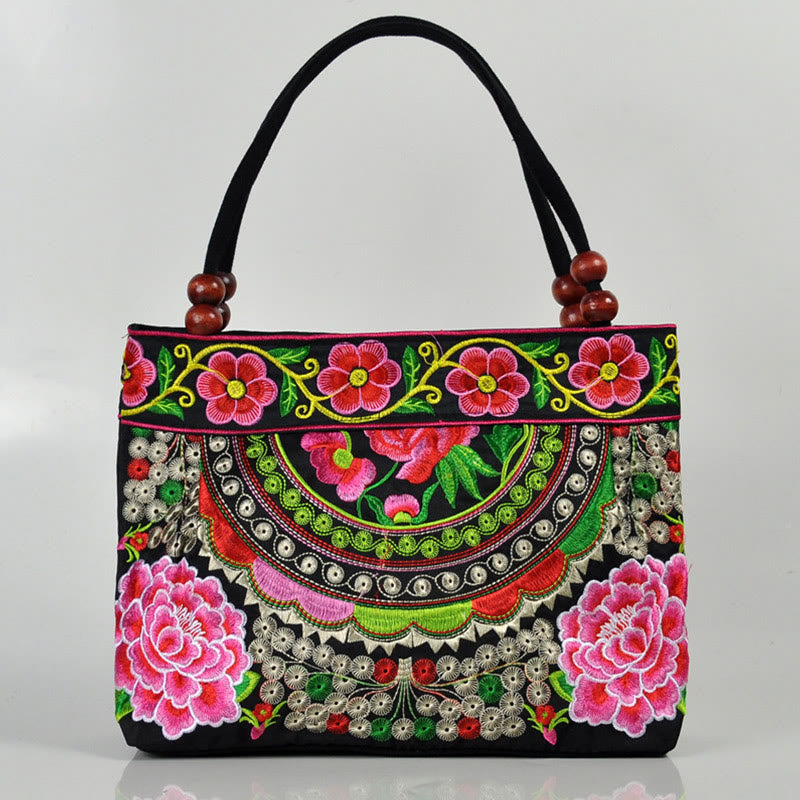 Sac à main en toile de coton avec broderie recto verso , Buddha Stones, arbre à argent, pivoine, phénix, fleur de pommier