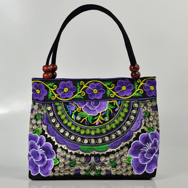Sac à main en toile de coton avec broderie recto verso , Buddha Stones, arbre à argent, pivoine, phénix, fleur de pommier