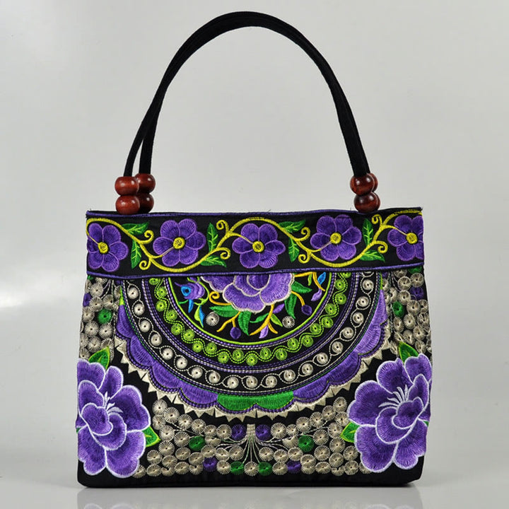 Sac à main en toile de coton avec broderie recto verso , Buddha Stones, arbre à argent, pivoine, phénix, fleur de pommier
